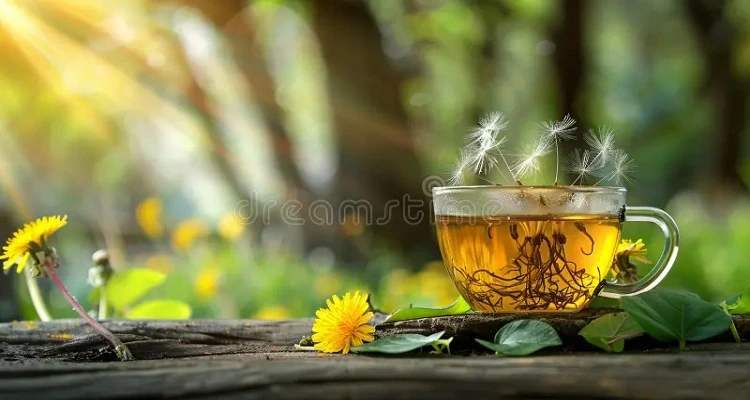 Your Natural Health - A cup of dandelion tea with dandelion flowers and a natural background.