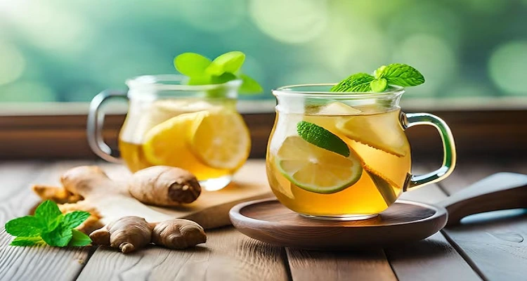 Your Natural Health - A cup of ginger tea with fresh ginger slices and a lemon wedge on the side.